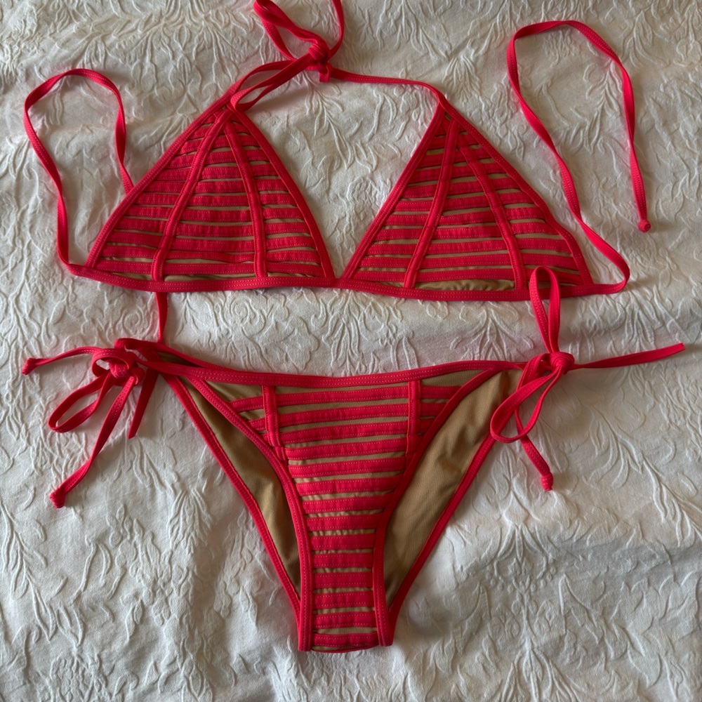 Pink and nude stripe bikini